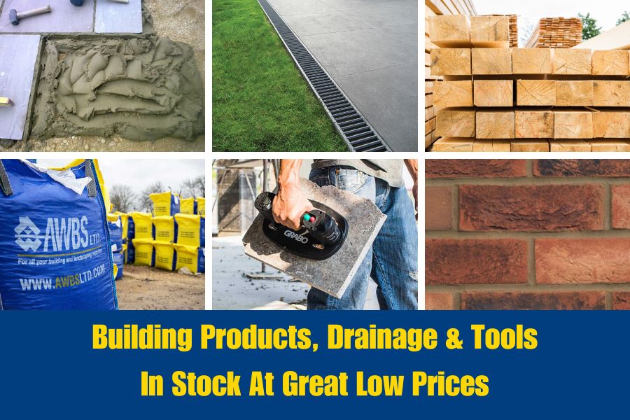 Images showing a range of building products and tools available from AWBS